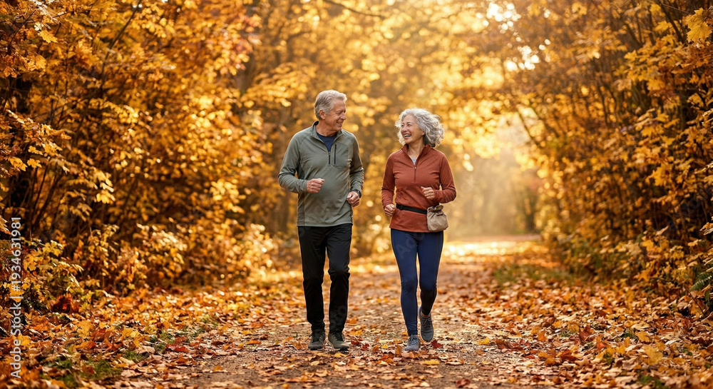 Fototapeta premium Autumn Stroll: An elder couple takes a leisurely walk through a golden autumn forest, bathed in sunlight, as they enjoy each other's company and the serene natural beauty around them.