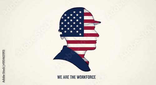 American worker profile with usa flag pattern and 'we are the workforce' text