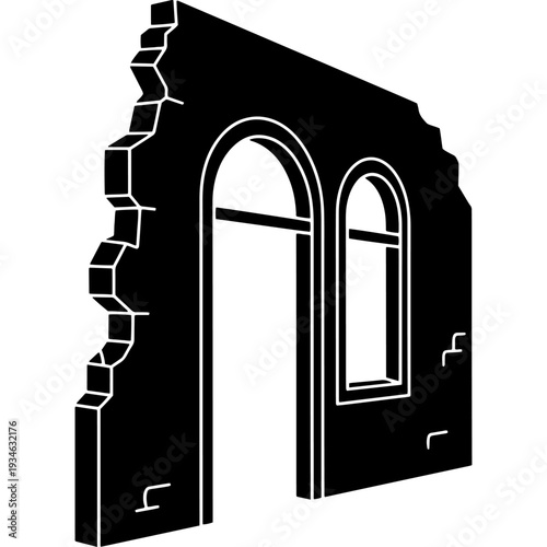 A black and white illustration of a damaged old building facade with arched windows and doorway Vector