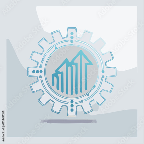 Financial planning and strategic development illustration with gear and rising bar chart on blueprint background, representing corporate analytics, engineering precision, and long-term business growth
