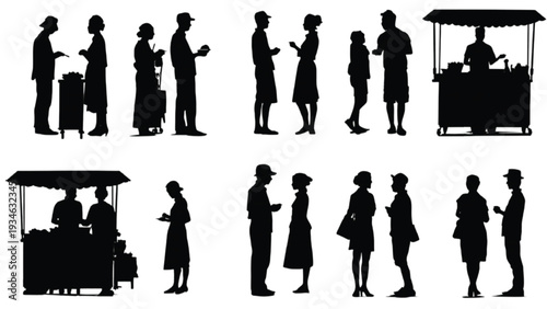 Summer street food buyer silhouettes lifestyle activity set