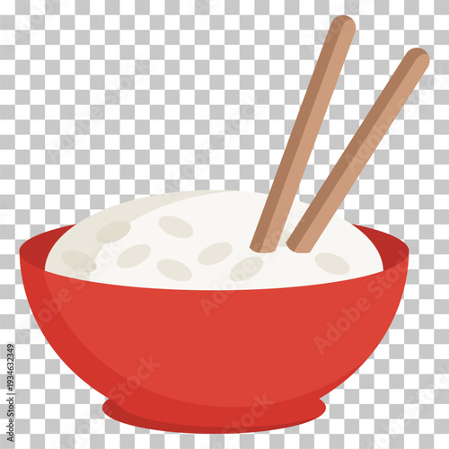 Red bowl filled with white rice and two wooden chopsticks sticking out, ready to be eaten.
