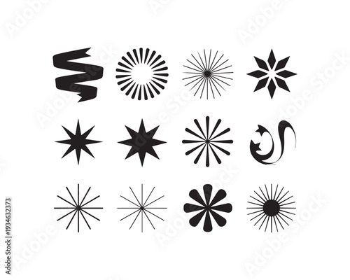 A grid of twelve black including ribbons, starbursts, and decorative flourishes on a white background