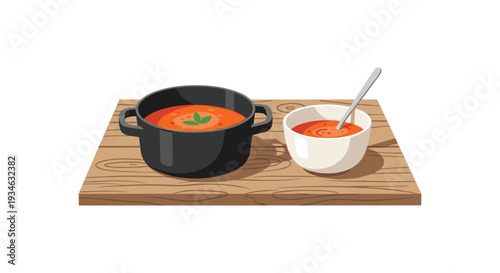A dark gray cast iron pot and a white ceramic bowl filled with orange soup are placed on a rustic wooden cutting board.