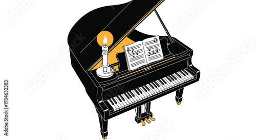 A sophisticated black grand piano with an open lid displays sheet music and a lit candle on a golden holder against a stark white background.