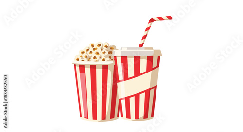 A classic red and white striped bucket overflowing with popcorn stands next to a matching striped soda cup with a straw.