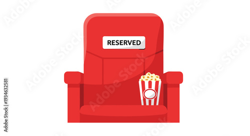 A plush, single red cinema seat with a white RESERVED sign on its backrest features a striped bucket of popcorn on its armrest.