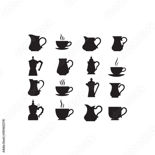 Collection of Black Silhouette Representing Coffee and Tea Vessels Including Moka Pots Creamers and Cups with Steam on a White