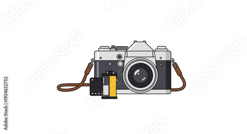A classic silver and black film camera with a brown strap is displayed alongside a yellow and black roll of photographic film.