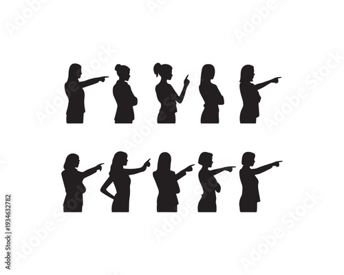 Collection of black female silhouettes pointing in various directions with their index fingers indicating a gesture of