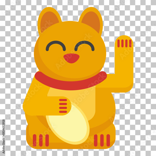 Golden Maneki-neko lucky cat with a raised paw and a red collar.