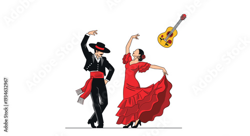 A male dancer in a black traje corto and a female in a ruffled red bata de cola dress strike dramatic flamenco poses.