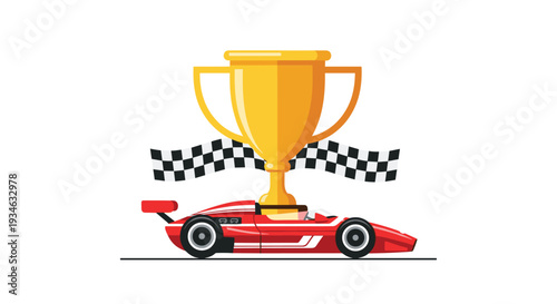 A large, rounded golden trophy with draped checkered flags is prominently displayed above a red open-cockpit race car.