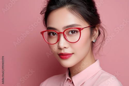 Asian woman wearing fashionable eyeglasses, clean skin tones, soft pastel background, minimal portrait