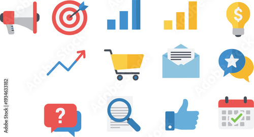 Digital marketing and business growth icon set, online advertising ecommerce analytics communication strategy flat vector illustration collection