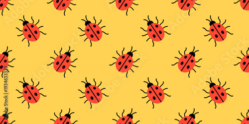 Vector seamless pattern with cute red ladybug on yellow background. Playful spring insect print for kids fabric, nursery wallpaper, wrapping paper, stationery and cheerful nature decor.