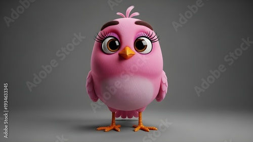 A pink cartoon bird with large eyes and eyelashes on a gray background