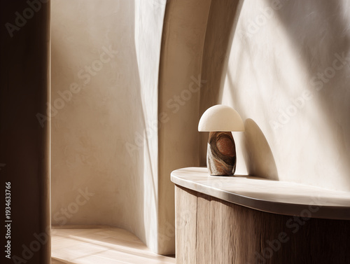 A serene indoor scene with a vase on a wooden pedestal, viewed from the side with soft natural light filtering through a nearby curtain