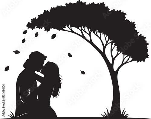 Couple embracing under a silhouette tree with falling leaves, representing love and romance in a serene outdoor setting