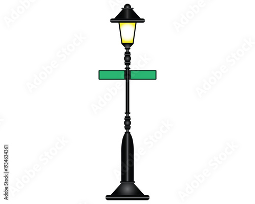 Vector design of a classic street lamp post painted black complete with a green signpost usually made of sturdy cast metal