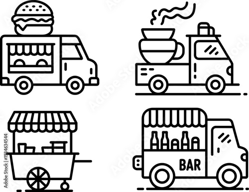 Street food truck and coffee van line icon set, burger cafe bar cart, black outline vector illustration
