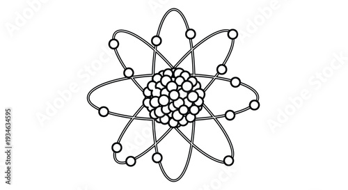 Stylized black and white illustration of an atomic structure with orbiting electrons