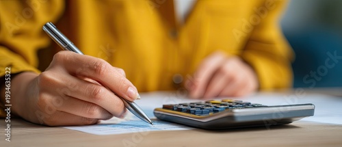 A young Asian woman uses a calculator to calculate her balance and prepare tax deductions. Close-up of her hand holding a pen.