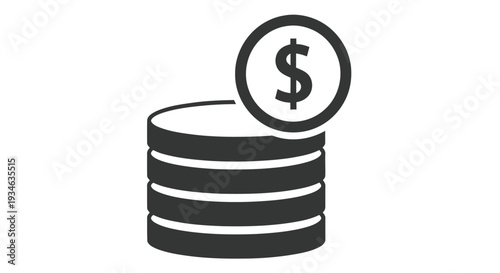 A black icon depicting a stack of coins with a dollar sign on top