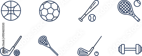 Sports equipment line icon set, basketball soccer baseball tennis golf hockey dumbbell, outline vector illustration collection