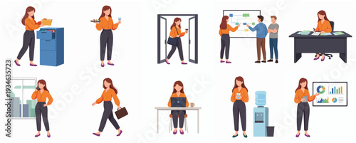 Flat Design Businesswoman in Various Office Activities Scenes Cartoon Illustration