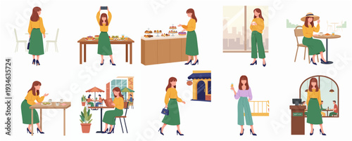 Flat Style Diverse Poses Woman Character in Different Activity Illustration Set