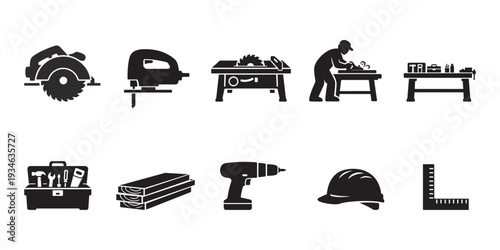 Carpenter Tools Silhouette Icon Set – Woodworking and Construction Equipment Vector Collection