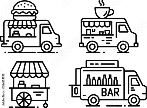 Food truck and street vendor line icon set, burger coffee bar cart van, black outline vector illustration