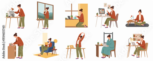 Flat Illustration Set of Woman Working From Home in Different Poses