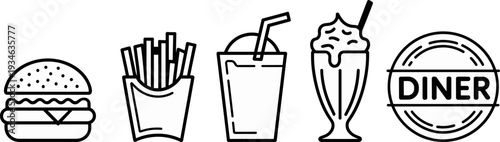 Fast food line icons set, burger fries soda milkshake diner logo, black and white outline vector illustration isolated on background