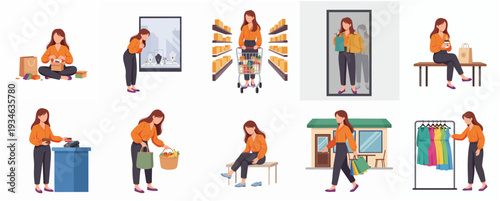 Illustrated Various Daily Life Scenes of a Young Woman in Different Poses