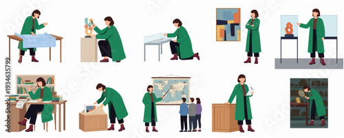 Flat Design Woman in Lab Coat and Scenes of Her Daily Activities Illustration