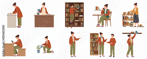 Flat Design Set of Librarian and People in Library Activity Illustration