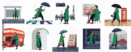 Flat Illustrated Londoner in Various Rainy Weather Scenes and London Landmarks
