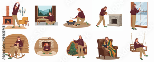 Flat Illustration of Woman Enjoying Leisure Time at Home and Indoor Activities