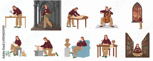 Flat Illustration Different Activities Performed by a Young Woman in College