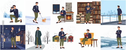 Lifestyle Illustrated Young Man Enjoying Leisure and Hobby in Different Season Scenery