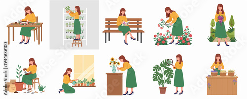 Flat Illustration of Woman Engaged in Gardening Activities and Plant Care