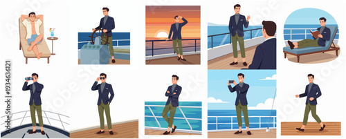 Illustrated Stylish Man Enjoying Cruise Vacation Activities in Different Poses