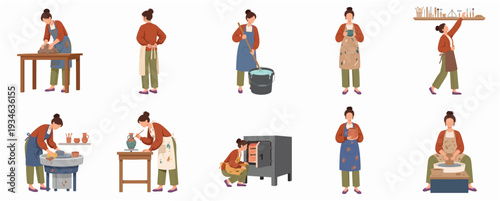 Flat Illustration Woman in Different Poses Working on Pottery Ceramic Art
