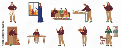 Flat Design Thanksgiving Celebration Activity with Family and Friends Illustration