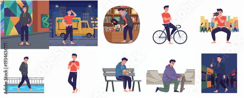 Diverse Lifestyle Depiction of Millennial Male in Varied Urban Settings Illustration