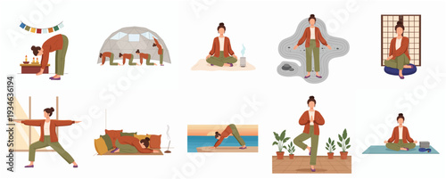 Flat Illustration of Woman Practicing Yoga with Various Poses and Environments