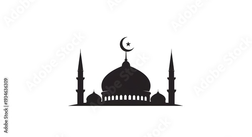 Silhouette of a mosque with crescent moon and star