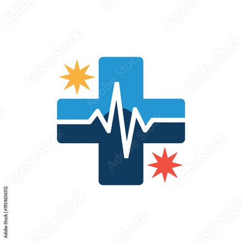 Modern flat design medical cross with ecg heartbeat and sunburst accents